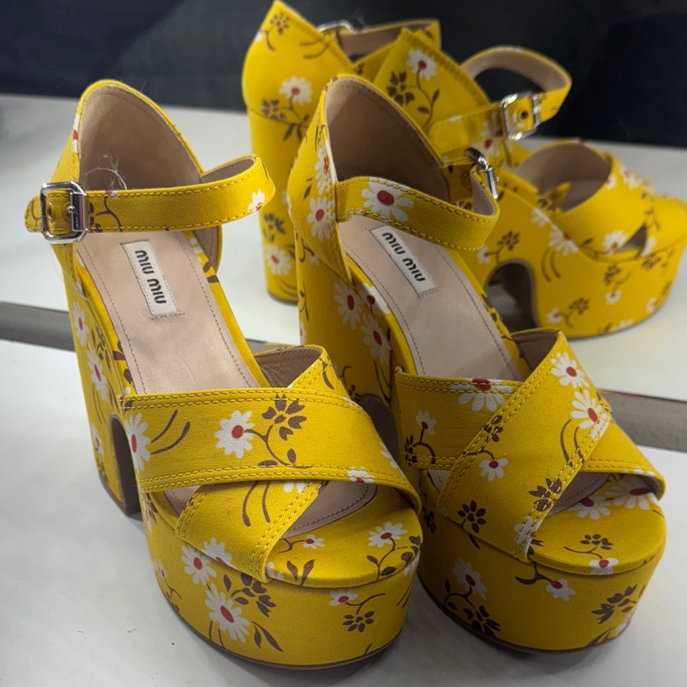 Miu Miu Yellow Floral Platform Sandals